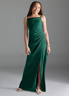 Azazie Leonis Junior Emerald A-Line Pleated Stretch Satin Dress image1