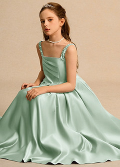 Azazie Mochi Girl Jurken voor bloemenmeisjes Baljurk Jurk van Mat Satijn Geplooid Agave image3