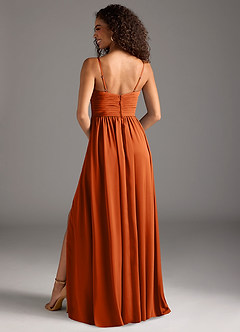 Azazie Alia Vestidos de damas de honor Vestido de Naranja Quemada de Satén Elástico de Corte en A con Plisado image4