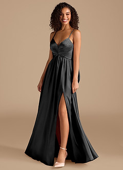 Azazie Alia At-home Try On Dresses Black A-Line Pleated Metallic Satin Dress image7