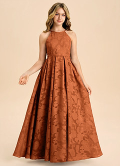 Azazie Arianthe Junior Burnt Orange A-Line Pleated Floral Burnout Dress image3