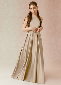 Azazie Arianthe Junior Linia A z kieszeniami Matowy satynowy Długość podłogi Młodsza druhna Sukienka image1