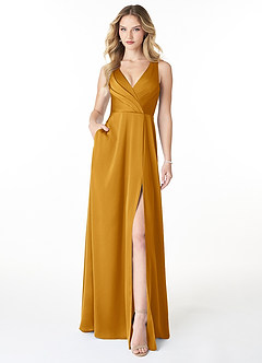 Azazie Nelly Brautjungfernkleider A-Linie Plissee mit V-Ausschnitt Stretch-Satin Kleid Butterscotch image1
