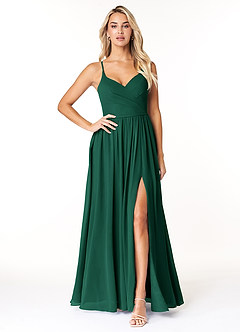 Azazie Dominic Bridesmaid Dresses Emerald A-Line V-Neck Pleated Chiffon Dress image1