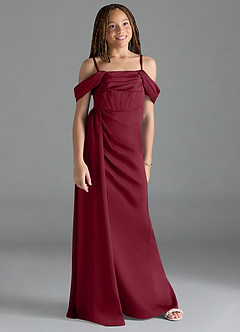 Azazie Amyra Junior Burgundy Sheath Off the Shoulder Stretch Satin Dress image3