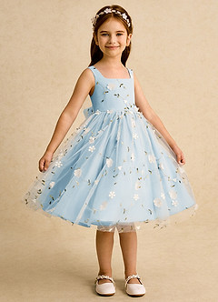 Azazie Bean Flower Girl Dresses Sky Blue Ball-Gown Sleeveless Tulle Dress image4