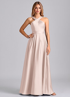 Azazie Dixie 신부 들러리 드레스 A라인 주름진 스트레치 새틴 바닥 길이 드레스 image3