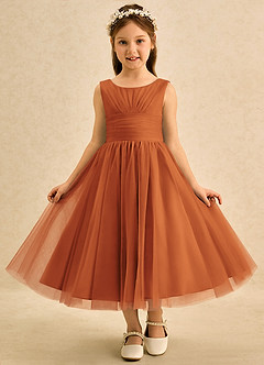 Azazie Macaron Abiti da Ragazza di Fiori Abito A-Line in Tulle Plissettato Cannella image3
