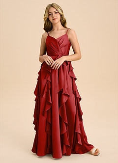 Azazie Peyton Junior Pomegranate A-Line Pleated Stretch Satin Dress image4