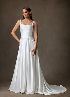 Azazie Samira Robes de mariée Robe Trapèze en Charmeuse Col Carré Blanc De Diamant image1