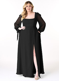 Azazie Leonia Bridesmaid Dresses Black A-Line Long Sleeve Chiffon Dress image11