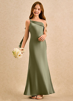 Azazie Almond Girls Formal Abiti da Ragazza di Fiori Abito Tubino in Raso Elasticizzato Monospalla Pistacchio image2