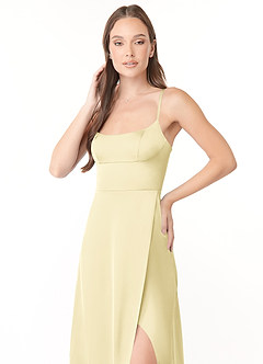 Azazie Halsey Final Sale Lemon Sorbet A-Line Side Slit Stretch Satin Dress image6