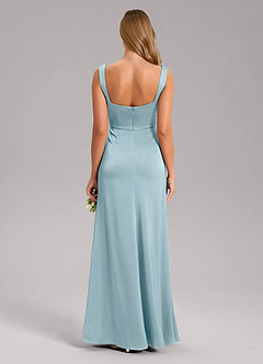 Azazie Frostine Bridesmaid Dresses Moody Blue A-Line Bow Stretch Satin Dress image2