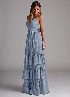 Azazie Nathalia Bridesmaid Dresses Dusty Blue A-Line Bow Floral Burnout Dress image3