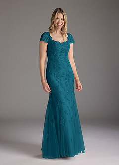 Azazie Marbella vestidos de madre de la novia Vestido de Azul Tinta de Encaje de Sirena con Reina Ana Lentejuelas image4