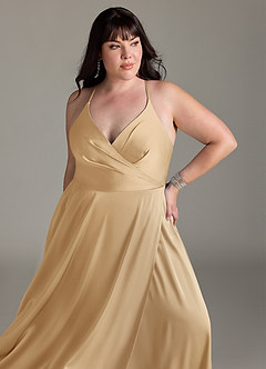 Azazie Davis Bridesmaid Dresses Gold A-Line Pleated Stretch Satin Dress image11