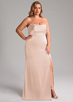 Azazie Saige Bridesmaid Dresses Blushing Pink Sheath Off the Shoulder Stretch Satin Dress image17