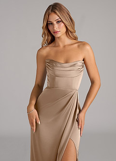 Azazie Johana Bridesmaid Dresses Taupe Mermaid Off the Shoulder Stretch Satin Convertible Dress image2