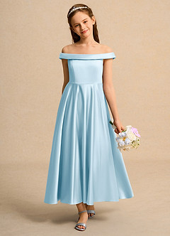 Azazie Teeny Junior Formal Abiti da Ragazza di Fiori Abito A-Line in Raso Opaco Plissettato Azzurro image3