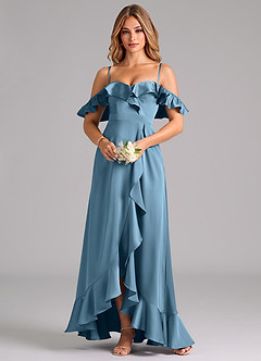 Azazie Lyra Bridesmaid Dresses Steel Blue A-Line Off the Shoulder Stretch Satin Convertible Dress image5