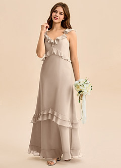 Azazie Tavie Junior Taupe A-Line Ruched Chiffon Dress image5