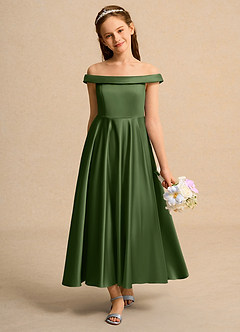 Azazie Teeny Girls Formal Sukienki dla dziewczynek sypiących kwiaty Linia A Pofałdowany Matowy satynowy Długość kostki Sukienka image3