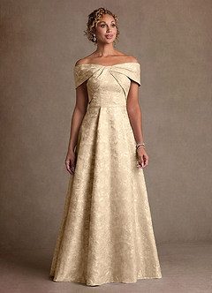 Azazie Harriett Mother of the Bride Dresses Champagne A-Line Off the Shoulder Floral Jacquard Dress image1