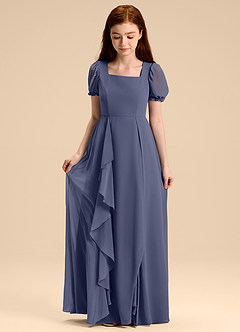 Azazie Priya Junior Robe Trapèze en Mousseline de soie Blouson Bleu Orageux image5