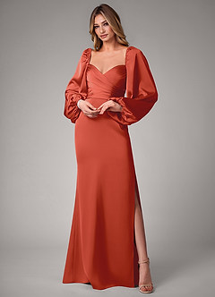 Azazie Sonata Bridesmaid Dresses Rust Sheath Long Sleeve Stretch Satin Convertible Dress image1