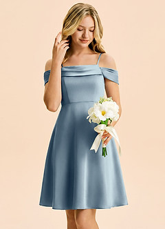 Azazie Anselie Junior Dusty Blue A-Line Off the Shoulder Stretch Satin Dress image4