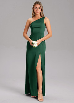 Azazie Feby Vestidos de damas de honor Vestido de Verde Oscuro de Satén Elástico de Corte en A con Hombro unilateral image1