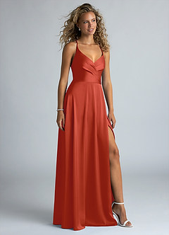 Azazie Davis Bridesmaid Dresses Rust A-Line Pleated Stretch Satin Dress image5