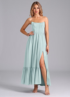 Azazie Leilana Bridesmaid Dresses Mist A-Line Corset Stretch Satin Dress image4