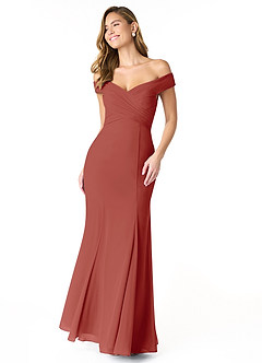 Azazie Lecia Bridesmaid Dresses Terracotta Empire Off-The-Shoulder Pleated Chiffon Convertible Dress image1