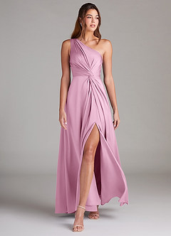 Azazie Brooke Bridesmaid Dresses Candy Pink A-Line One Shoulder Stretch Satin Dress image9