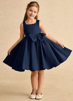 Azazie Jessie Blumenmädchenkleider A-Linie Schleifen Matte Satin Kleid Dunkelmarine image2