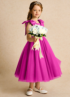 Azazie Serene Abiti da Ragazza di Fiori Abito Principessa in Raso Opaco Fiocco Fucsia image5