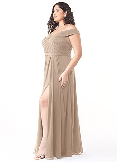 Azazie Audrianna Jurken voor bruidsmeisjes Converteerbaar Jurk van Chiffon met A-Lijn Off-the-shoulder verzameld Taupe image9