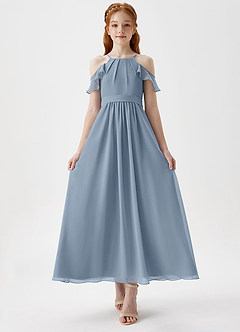 Azazie Chaya Junior Dusty Blue A-Line Off the Shoulder Chiffon Dress image4