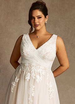 Azazie Alemia Wedding Dresses Diamond White Nude A-Line Lace Tulle Dress image11