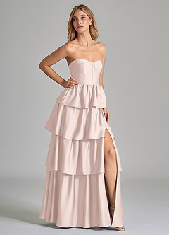 Azazie Faye Bridesmaid Dresses Blushing Pink A-Line Ruched Stretch Satin Dress image1