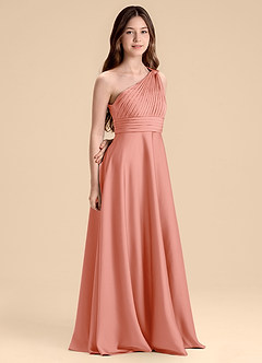 Azazie Charlize Junior Abito A-Line in Raso Elasticizzato Plissettato Corallo image3