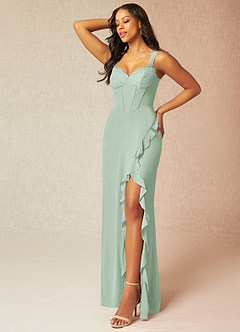 Azazie Camellia Bridesmaid Dresses Agave Sheath Lace Chiffon Dress image3