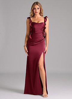 Azazie Jessamine Bridesmaid Dresses Burgundy Sheath Corset Stretch Satin Dress image3