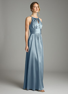 Azazie Bonnie Vestidos de damas de honor Vestido de Azul Polvoriento de Satén Elástico de Corte en A con Plisado image4