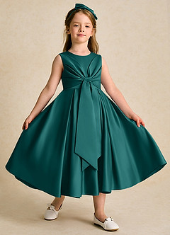 Azazie Lady Flower Girl Dresses Peacock A-Line Pleated Matte Satin Dress image3