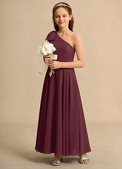 Azazie Guppy Girls Formal Robe Demoiselle D'honneur Fillette Robe Trapèze en Mousseline de soie Une épaule Cabernet image6