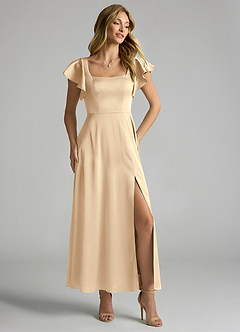 Azazie Bondi 신부 들러리 드레스 A라인 셔링 스트레치 새틴 발목 길이 드레스 image1