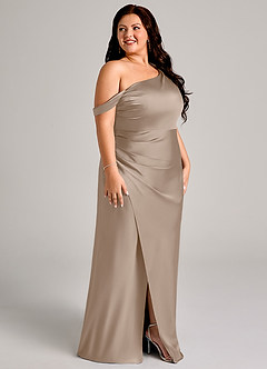 Azazie Madelyn Bridesmaid Dresses Taupe Mermaid One Shoulder Stretch Satin Convertible Dress image11